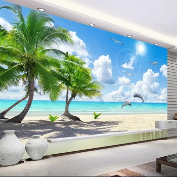 Personalizate 3D Murală Tapet Non-țesute Dormitor Fundal TV Fresca HD Copac de nucă de Cocos pe Plaja Delfinul Peisaj Foto de Perete Rola de Hartie