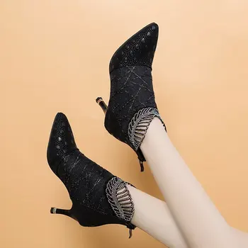 Lucyever Strălucitoare De Cristal Subțire Tocuri Inalte Cizme Femei 2020 Sexy Degetul Ascutit Din Piele Pu Femeie Cizme Glezna Stras Pantofi Doamnelor