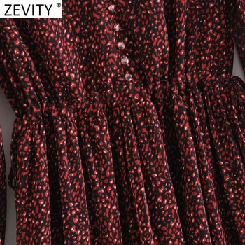 Zevity Noi Femei Vintage V Gât Pliuri Puff Sleeve Leopard de Imprimare Rochie Midi Doamna cu Dungi Casual Slim Petrecere Retro Vestido DS4730