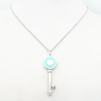 Argint pur ms dulce clasic, romantic circular albastru email inima în formă de cheie lanț pulover colier pandantiv bijuterii