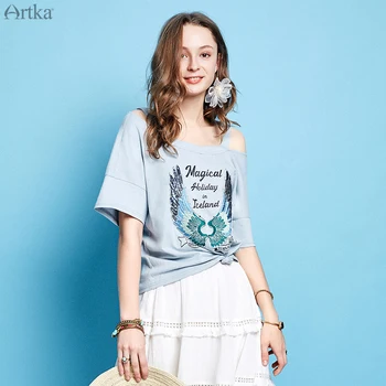 ARTKA 2019 Vara Femei din Bumbac T-Shirt de Moda Gât Design Vrac Scrisori de Imprimare Maneca Scurta de sex Feminin Casual Tee Topuri TA10790X