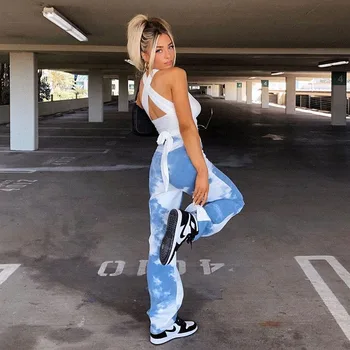 2020 Femei Nou Stil Subțire de Cer Albastru Nori Albi Casual Hipster Hip-hop Mare waisted Direct Tie-dye Talie Mare Pantaloni