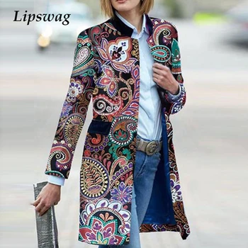 Femei Elegante Vintage Print Palton Topuri De Toamnă Doamnă Birou Stand Guler Cardigan Șanț Îmbrăcăminte Exterioară Cald Iarna Sacou Lung Haina