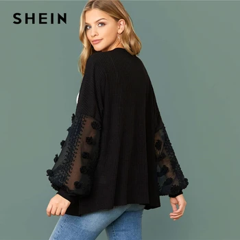SHEIN Negru Elvețian Dot Mesh Felinar Sleeve Rib-knit Coat Supradimensionate Top Femei 2020 Toamnă Doamnă Birou Solid Casual, Sacouri, Paltoane