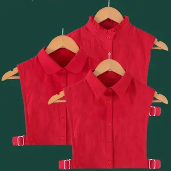 Femei Croșetat Dantelă Roșie Fals Guler Buton-Jos Detchable Volane Jumătate-Shirt 62KE
