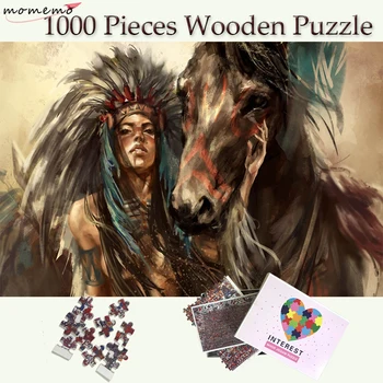 MOMEMO Indiancă și Cai 1000 Piese Puzzle din Lemn pentru Adulti, Puzzle Personalizate, 1000 Piese Puzzle pentru Copii Adolescenti