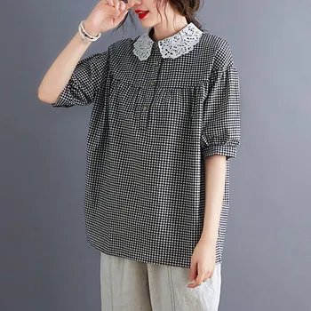 Supradimensionate Femei Din Bumbac Bluze Casual Tricouri Noi De Vară 2021 Simplu Stil Vintage Carouri Cu Guler Din Dantela Liber Feminin Topuri S3180