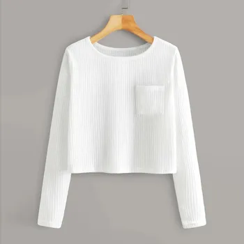 Moda pentru Femei cu Maneca Lunga O de Gât Buzunar Tricou Casual Bluza Pulover Femei Toamna Tricoul Țină de Cald În 2020 Camisa #GM