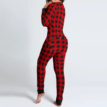 Femei Sexy Decrosata Funcționale Nasturii Clapa Adulți Pijamale Butonul Design cu Maneci Lungi Buton-jos Plonja Lounge Carouri Salopeta