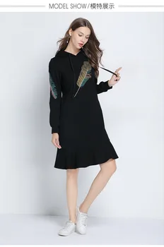 2019 moda Toamna brodat cu gluga rochie ciufulit tiv mâneci lungi tricou casual rochie neagră vestidos plus dimensiune XXXXXL