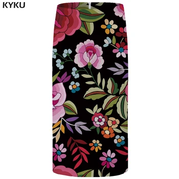KYKU Brand de Flori Fuste Femei Frunze Florale Creion Negru Skhirt Epocă de Imprimare 3d Plus Dimensiune seara Doamnelor Fuste 2018 Noi coreeană