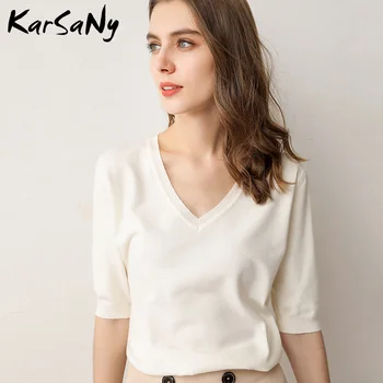 KarSany Jumătate Maneca Bluza din Tricot pentru Femei de Vară 2020 Doamnelor V-neck Bluze Tricotate Bluza Femei Topuri Si Bluze Plus Dimensiune