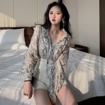 2019 Moda coreeană Maneca Lunga Butonul Tricou Pentru Femei de Primavara Toamna Snake Print Bluza cu Paiete Sclipici Doamnelor Topuri XZ604