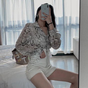 2019 Moda coreeană Maneca Lunga Butonul Tricou Pentru Femei de Primavara Toamna Snake Print Bluza cu Paiete Sclipici Doamnelor Topuri XZ604