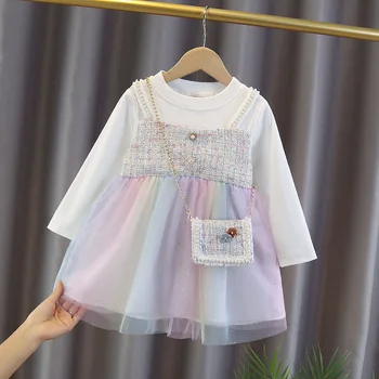 Copiii modelului Cad 2020 Nou Fals 2 In 1 Rochie Tricotate Copii Tricou Printesa Curcubeu Colorat Minunat Casual Rochie Copil Pentru Grils