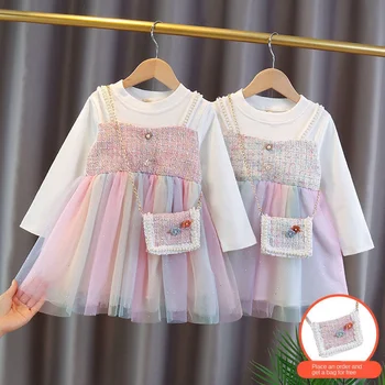 Copiii modelului Cad 2020 Nou Fals 2 In 1 Rochie Tricotate Copii Tricou Printesa Curcubeu Colorat Minunat Casual Rochie Copil Pentru Grils