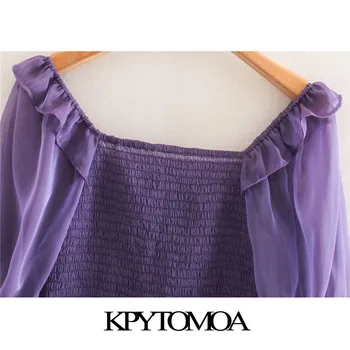 KPYTOMOA Femei 2020 Moda Volane Elastic Smocked Trunchiate Bluze Vintage Square Guler Lantern Maneca Feminin Tricouri Topuri Chic