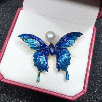 ZHBORUINI 2019 Naturală Perla Brosa Smalț Albastru Fluture Pearl Ace de apă Dulce Pearl Bijuterii Pentru Femei Accesorii Cadou