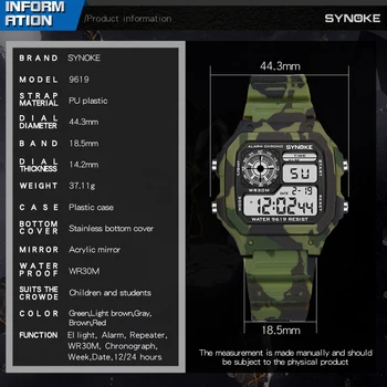SYNOKE Digital Ceas Pentru Barbati Camuflaj Verde Militar Sport Impermeabil Ceas Electronic de sex Masculin Display LED Ceas de mână Ceas Deșteptător