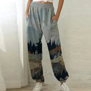Toamna Elegante Imprimate Pantaloni Largi Picior Femei Harajuku Epocă Talie Elastic Pantaloni Casual Ladies Plus Size Talie Mare Pantaloni