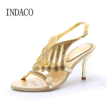 Din Piele, Sandale Cu Toc Pentru Femei Pantofi De Vara Aur, Argint Elegante Stras Pantofi Cu Toc Înalt De Mari Dimensiuni 44 Chaussure Femme