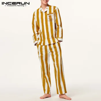 De sex masculin Liber Homewear INCERUN de Agrement cu Dungi Seturi de Pijamale Barbati cu Maneci Lungi Rever Tricouri Pantaloni Elastic 2 Bucati Confortabil Sleepwear Costum