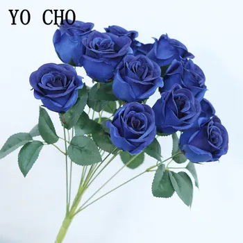 12 Capete de Flori Artificiale de Trandafir Buchet Albastru Regal Trandafiri Mici Fals Buchet de Flori pentru Petrecerea de Nunta Decor Acasă Flori de Matase