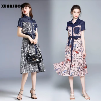 XUANShOW 2020 Rochie de Moda de Vară a-line Rochie pentru Femei Print Pocket Denim Feminin Împletit Mid-lungime Rochii Haine M-XXL