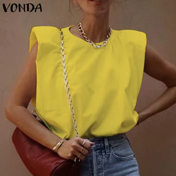 Tricou Vintage pentru Femei Bluza fără Mâneci VONDA Vara Tancuri Topuri O de Gât Topuri Casual sex Feminin Solid Blusas Plus Dimensiune Moda Camasa