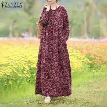 Moda Rochie Floral pentru Femei Primavara Sundress 2021 ZANZEA Casual cu Maneca Lunga Maxi Vestidos de sex Feminin Gol Tipărite Haina Plus Dimensiune