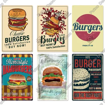 Hamburger Metal Semn Placa de Metal de Epocă Fast-Food Tin Semn Decor de Perete pentru Bucatarie Restaurant Cafenea Bar Burger Semne Metalice(20x30cm)