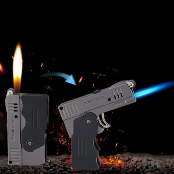 Dublă De Foc Deformare Pistol Cu Cremene Roata De Rectificat Lanterna Bricheta Cu Jet De Foc Gratuit Butan Gaz Metal Windproof Bricheta