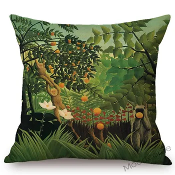 Vara Verde Jungle Tropicale Cu Frunze De Animale Pictură În Ulei De Artă Canapea Pernă Henri Rousseau Vis Opera De Arta Lenjerie De Pernă Acoperă