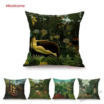 Vara Verde Jungle Tropicale Cu Frunze De Animale Pictură În Ulei De Artă Canapea Pernă Henri Rousseau Vis Opera De Arta Lenjerie De Pernă Acoperă