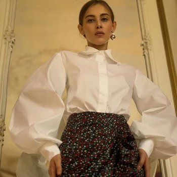 2019 Toamna Noua Moda Solid Rândul Său, În Jos Guler Camasa Casual Mânecă Lungă Lanternă Singur Pieptul Bluza Femei Tricouri Largi