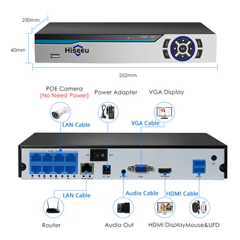 Hiseeu 4K 8CH POE NVR ONVIF H. 265 3.5 mm Audio de Supraveghere, Securitate Video Recorder pentru Camera IP POE (1080P/4MP/5MP/8MP/4K)