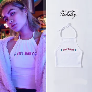 2018 Femei Bts Topuri stradă Sexy Strapless Scrisoare de Imprimare fără Mâneci negru agățat de gât T-shirt de vară