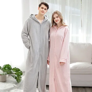 Iarna Pijama Femei, Cu Fermoar Halat De Baie Cu Gluga Plus Dimensiune Cămașă De Noapte Cuplu Cămașă De Noapte Din Flanel Cald Halat Pijamas Mujer Invierno