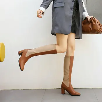 LDHZXC 2020 Nou Brand pentru Femei Cizme Groase, Tocuri inalte Cizme Genunchi Ridicat Deget de la picior Pătrat Toamna Iarna Doamnelor Cizme de Moda Pantofi
