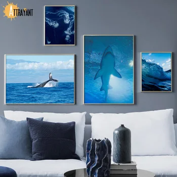 Albastru Marin Rechin Balena meduze Copac Nordic Postere Si Printuri de Arta de Perete Panza Pictura pe Perete Imagini Pentru Living Decorul Camerei