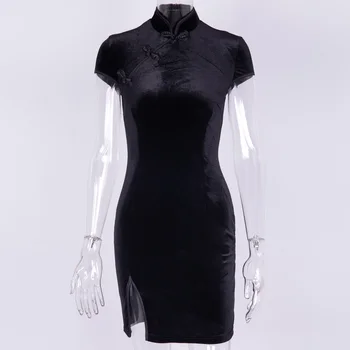 2019 catifea cheongsam rochie de îmbrăcăminte în stil chinezesc modern sexy negru cu maneci Scurte qipao fete rochie scurtă