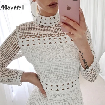 Mayhall Mock neck Femei Dantelă Albă Rochii Tubulare Mini Complet Maneca rochie 2018 Petrecere vestidos mujer halat femme MH031