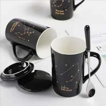 Noi bone china douăsprezece constelații cana ceramica aur adevărat cana de apa cu capac lingura de afaceri cadou ceașcă de cafea