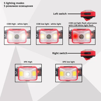 Reîncărcabilă LED Far 5 Moduri de Iluminare a Farurilor de Lucru Lampă Roșie de lumină + lumină albă Pentru activități în aer liber pe timp de noapte