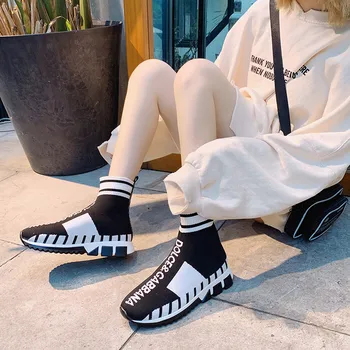 Femmes Bottes Designer Sexy Scrisoare De Imprimare Cu Lambriuri De Femei Adidași Elastic Șosete Pantofi Cu Toc Gros Pantofi Respirabil Ciorapi De Boot