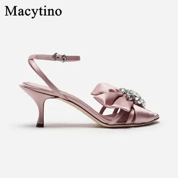 Satin roz Sandale de Vară Tocuri de Cristal Papion, Pantofi pentru Femei Curea Glezna Pantofi de Ocazie