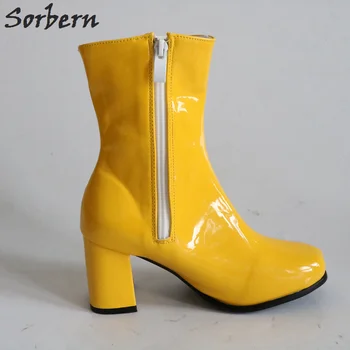Sorbern Strălucitor Luminos Galben Glezna Cizme Pentru Femei Square Toe Cu Toc Indesata Pantofi Doamnelor Culori Personalizate Cu Fermoar Lateral Doamnelor Cizme