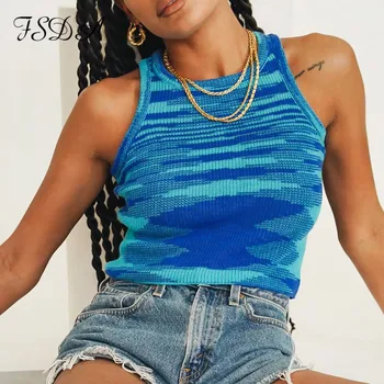 FSDA 2021 Tricot Crop Top Femei fără Mâneci Y2K Bază Camasi Casual de Vara de Pe Umăr Albastru O de Gât Rezervor de Top de Moda de Epocă