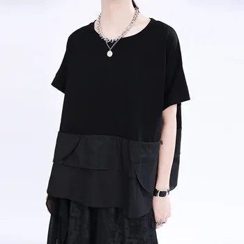 [MEM] Femei Negre Mari Buzunar Split Joint Mare Dimensiune T-shirt Noi Gât Rotund Jumătate Maneca Mareea Moda Primavara-Vara 2021 1U166