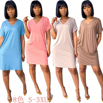 Noua Moda De Cauzalitate Femei Rochie V-Gât Culoare Solidă Munca De Zi Cu Zi Purta Vestidos Plus Dimensiunea Femei Genunchi Lungime Elbise Afircan Îmbrăcăminte